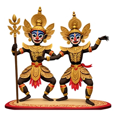 ​Cinematic Realistic Wayang Golek Ayun-ayun Dancers, depicted as intricately carved traditional wooden puppets in dynamic dance poses, adorned with vibrant painted details and expressive features, set against a softly lit stage that evokes centuries of Indonesian cultural heritage, rendered with lifelike textures and dramatic atmospheric lighting, sticker