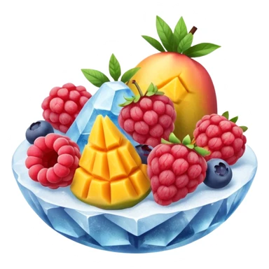 frozen mixed fruits cluster with raspberries, blueberries, mango cubes, and strawberry slices, frosty with thin ice crystals, muted colors, plump and natural shapes, clean 3D rendering, soft lighting, subtle shadows, transparent background, emoji scale, optimized for clarity and frosty texture sticker