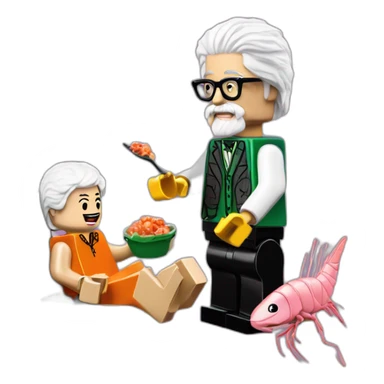 Des Lynam eating prawns with LEGO Lily Savage sticker