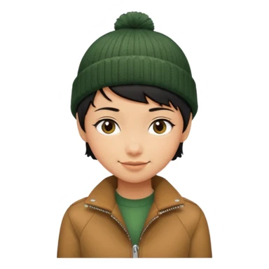 tan skin, non binary person with pixie cut black hair, wearing brown jacket and dark green beanie, shy smile  sticker