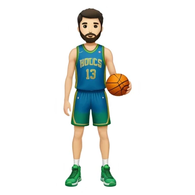 Full Body  white male basketball player with short shaggy dark hair and  close shave gold tee beard  wearing blue and green uniform sticker