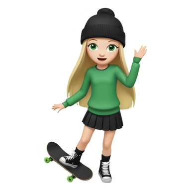 Realistic full-body 3D render of an iPhone emoji-style blonde girl with long straight hair, wearing a black beanie. She has green eyes, cute freckles, and is making a cheeky face — left eye winking, tongue sticking out playfully, wide smile. Dress her as a stylish skater girl sticker