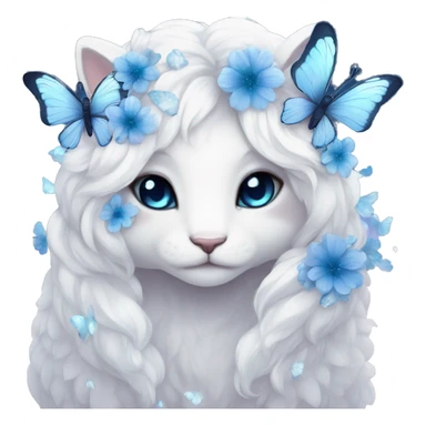 Edgy Cute Cool Kawaii gorgeous sparkly ethereal white fantasy animal with blue eyes sona with flowers and butterflies beautiful aesthetic sticker