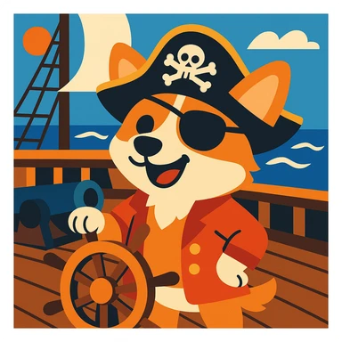 cartoon pirate corgi with an eyepatch and pirate hat on a pirate ship sticker