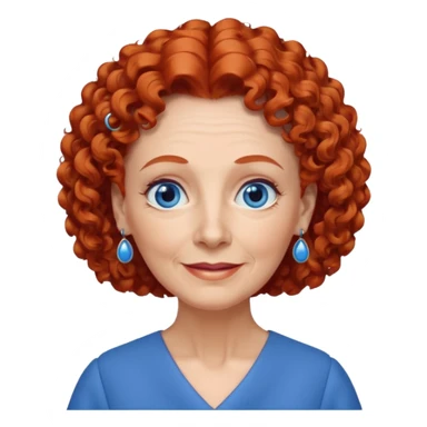 una profesora mayor simpática con el pelo rojo rizado, ojos azules, vestido azul y pendientes azules hablando sticker