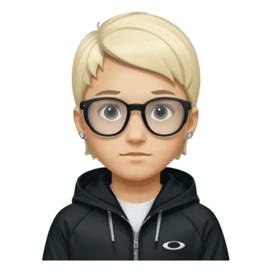 un emoji de un chico emcapuchado blanco con luzes negras e rubias, com uma chaqueta negra nike tech y unas gafas de oakley, con pendientes de diamante, que las gafas sean estilo cuadradas, los pendientes q no se cuelguen, que sean redondos, en las dos cejas un corte, que las gafas no sean circulares sticker