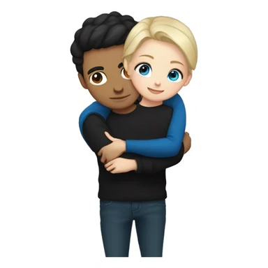 dark Blonde girl with blue eyes in black sweater and an east asian with light skin man with black hair and black eyes hugging sticker