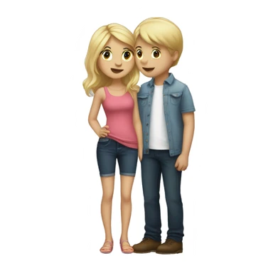 short girl with blonde hair kissing tall boy with blonde hair (names mila and will) with a heart sticker