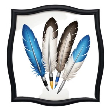 Prends la 1ere image avec les 3 plumes blanches et les stylos et ajoute en dessous le logo de largus sticker