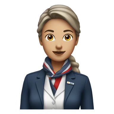 Flight attendant woman with a white shirt and a grey shirt. The scarf is dark blue with a white and red stripe at the end sticker