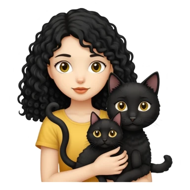 A black long-haired girl holding a black cat, a yellow short-haired cat and a curly-haired dog sticker