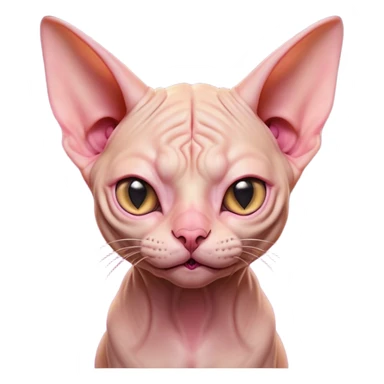 Cinematic Comical Sphynx Cat Portrait Emoji, Head tilted dramatically with an exaggeratedly shocked or offended expression, smooth, wrinkled skin in warm peach and pink hues, large bat-like ears perked up, piercing eyes widened in disbelief, Simplified yet hilariously expressive features, highly detailed, glowing with a slightly sassy glow, high shine, dramatic yet playful, stylized with an air of attitude, bright and endearing, soft glowing outline, capturing the essence of a sassy and over-the-top feline, so meme-worthy it feels like it could side-eye its way into internet fame instantly! sticker