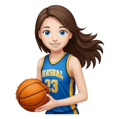 smiling girl with blue eyes and long hair playing basketball with black and yellow jersey sticker