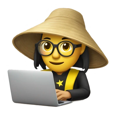 A memoji-style Vietnam man with yellow skin, wear nearsighted glasses, a traditional Vietnamese conical hat , black shirt, sitting at a desk with a cup of coffee, typing on keyboard, laptop with a logo styled as '</>' in front front sticker