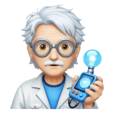 A quirky old inventor with wild white hair, goggles, and a glowing gadget in hand.
 sticker