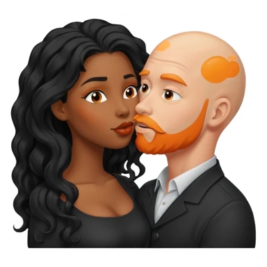 ebony black women with long black wavy hair kissing bald white man. White man has orange facial hair sticker