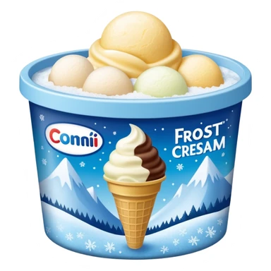 A creamy ice cream tub with a minimalist printed label showing flavor name and brand logo, sitting inside a store freezer. The lid and sides of the container have small frost crystals and condensation. Realistic photography style with soft lighting and a cool-toned background. sticker