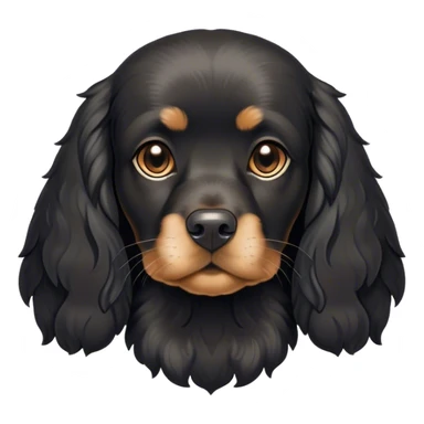 Cinematic Noble Black Cocker Spaniel Portrait Emoji, Poised and regal, with a sturdy build and a sleek, shiny black coat accented by subtle tan markings, deep-set soulful dark eyes, Simplified yet sharp and sophisticated features, highly detailed, glowing with a soft, dignified glow, high shine, intelligent and alert, stylized with an air of refinement, focused and attentive, soft glowing outline, capturing the essence of a watchful and confident companion, so majestic it feels as though it could trot out of the screen with effortless authority! sticker