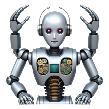 An icon featuring a humanoid robot assembling parts with robotic arms, surrounded by gears, circuit boards, and sensors, symbolizing robotics. The design includes a control panel and AI interface, representing automation, engineering, and innovation. Transparent background. sticker
