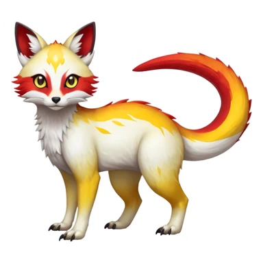  Hyper-realistic oily smooth silky soft White white with red gradients, and yellow slit eyes markings beautiful handsome gorgeous aesthetic colorful vibrant Vernid-Trico-species-Fakemon-creature by LiLaiRa, 4 legs, 1 tail, random markings, (full body) sticker