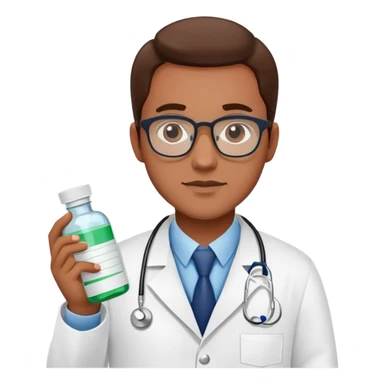 Pharmacist in white lab coat with medicine bottles and prescription pad sticker