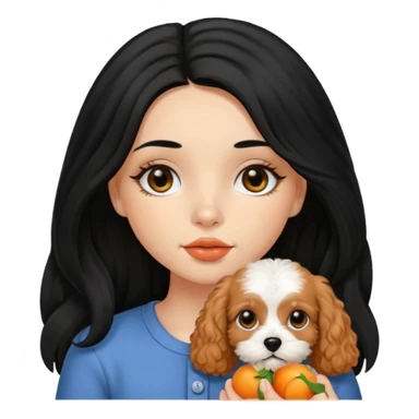 Italian girl long straight black hair black eyes button nose full lips holding apricot Cavapoo dog sticker