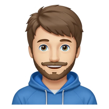 20 year old man, short scruffy beard and thin moustache, brown puffy mullet, blue eyes, big smile, white teeth, big lips, pronounced jaw, hair longer in back, sticking up on top, thin face, grey hooded sweatshirt, blue eyes sticker