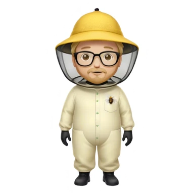 full body medium plus size male bee keeper in yellow and black with short light strawberry blonde hair and goatee wearing glasses with bee keeper hat sticker