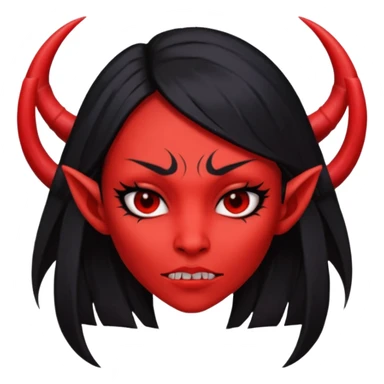 Head only demon girl; face with pronounced cheekbones and angular jaw; skin is uniform pure red (#FF0000) everywhere; long straight smooth black hair; small horns sticker