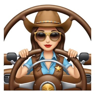 Cowgirl wearing sunglasses behind steering wheel sticker