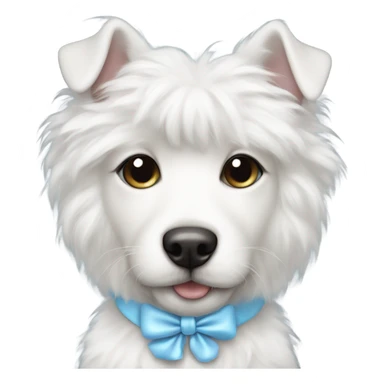 cute white furry dog with baby blue bow in hair and silver chain collar  sticker