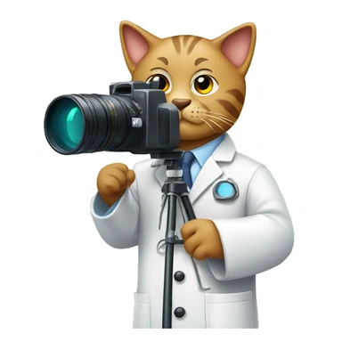 Cat Scientist taking a photo with a big camera while wearing a lab coat sticker