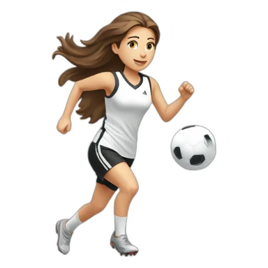 Caucasian girl with brown long hair running with a soccer ball wearing White short and black shorts sticker