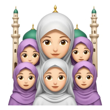 A picture of a mother with several daughters around her, the mother is wearing a veil and they are all in an Iranian Muslim mosque. Cartoon. 3D sticker