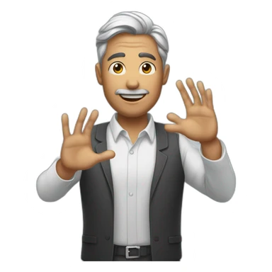 man who greeting people as puting his just one hand on his chest sticker