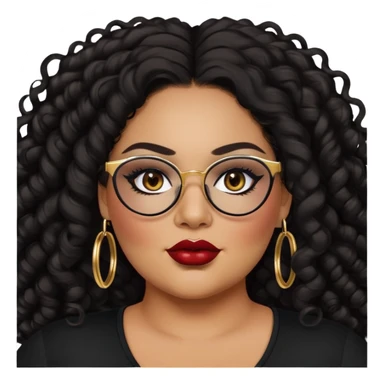 big plus size, latina, darker tan skin, gold hoops, long black curly hair, baddie,pretty, makeup, dark red lipgloss, black eyeliner, long hair, black top, black glasses sticker
