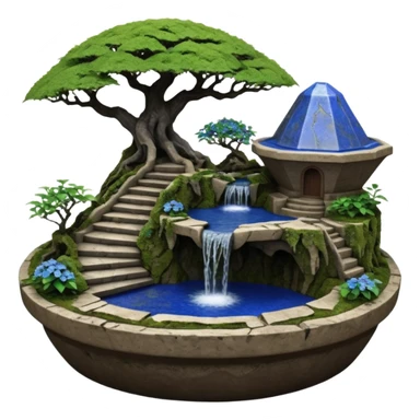 Alien saucer jungle-vines stairway fountain mountain-island landscape antique mudman very old broken cracked intricate Stone Age lapis-crusted irregular dodecagon-shaped shallow dark moss rough bark blue serissa flowered maple tree bonsai pot sticker