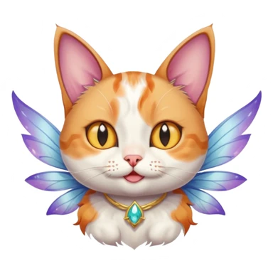 A cat with fairy wings, floating mid-air with a mischievous smirk, portrait, bust up sticker