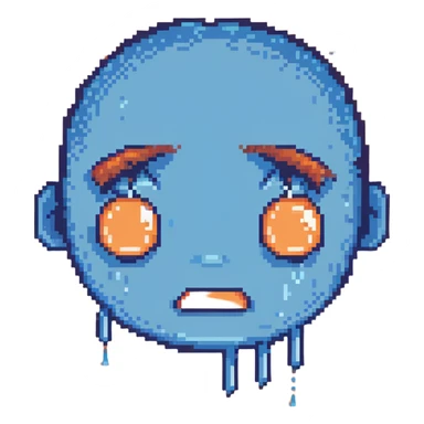 Pixelated face with blue sweat droplets, nervous expression sticker