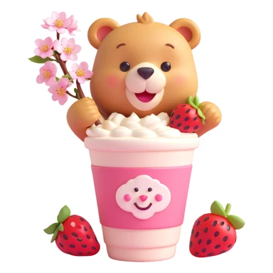 pastel 3D iOS style milkshake cup with a straw, smiling bear peeking out, two strawberries, cherry blossom flowers, soft shadows, minimal look sticker