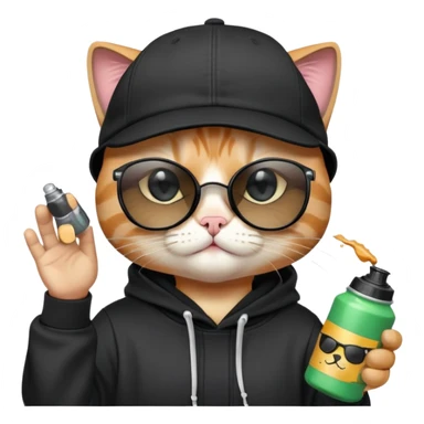 cat with one eye CLOSED in a CLEAR WINK, wearing black snapback cap and black hoodie, black sunglasses tilted low on nose, looking over the top of sunglasses at viewer with other eye open, holding spray paint can sticker