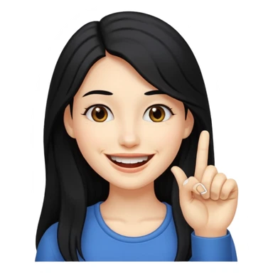 Haz una imagen de una mujer con cabello negro largo , con una sonrisa en su cara y la punta de su dedo indice entre sus dientes sticker