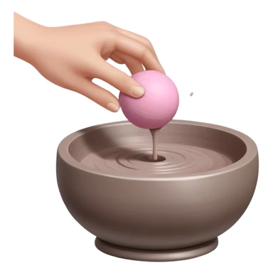 one hand throwing a pink ball of clay onto a flat silver pottery wheel surface sticker