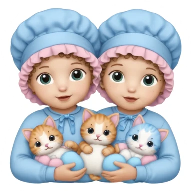Curly hair baby twins with one wearing a baby pink bonnet and one wearing a baby blue bonnet while holding cat plushies sticker