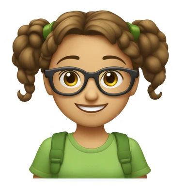 maestra de infantil con una bata de disney, joven con media melena morena y recta y gafas de metal. De complexión normal y estatura media. Ojos verdes y sonriendo  sticker