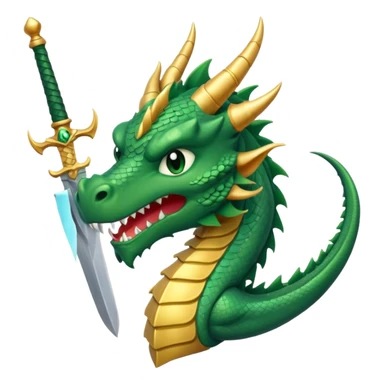 cartoonish green dragon's head pierced by a sword, eyes closed in defeat, symbolizing victory over challenges, WhatsApp emoji style sticker