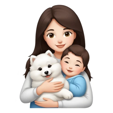 a shoulder-length brunette girl snuggles a cute smiling baby samoyed sticker