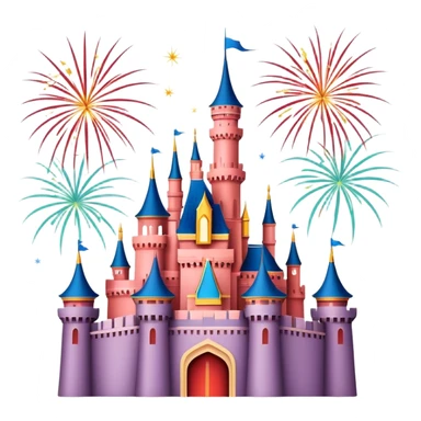 Shanghai Disney Castle with fireworks, simplified emoji style with bold outlines and bright colors, cartoon style fairy tale castle sticker