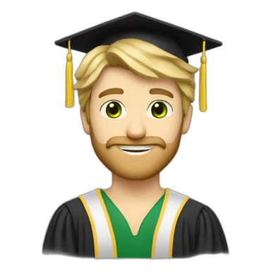 one blonde, bearded, green-eyed, male teacher wearing a graduation hat sticker