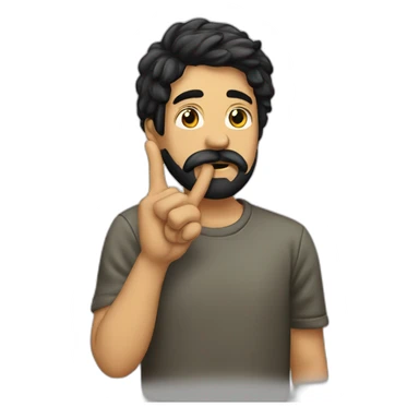 A guy with his finger in his mouth making the silence sign, black hair, beard sticker